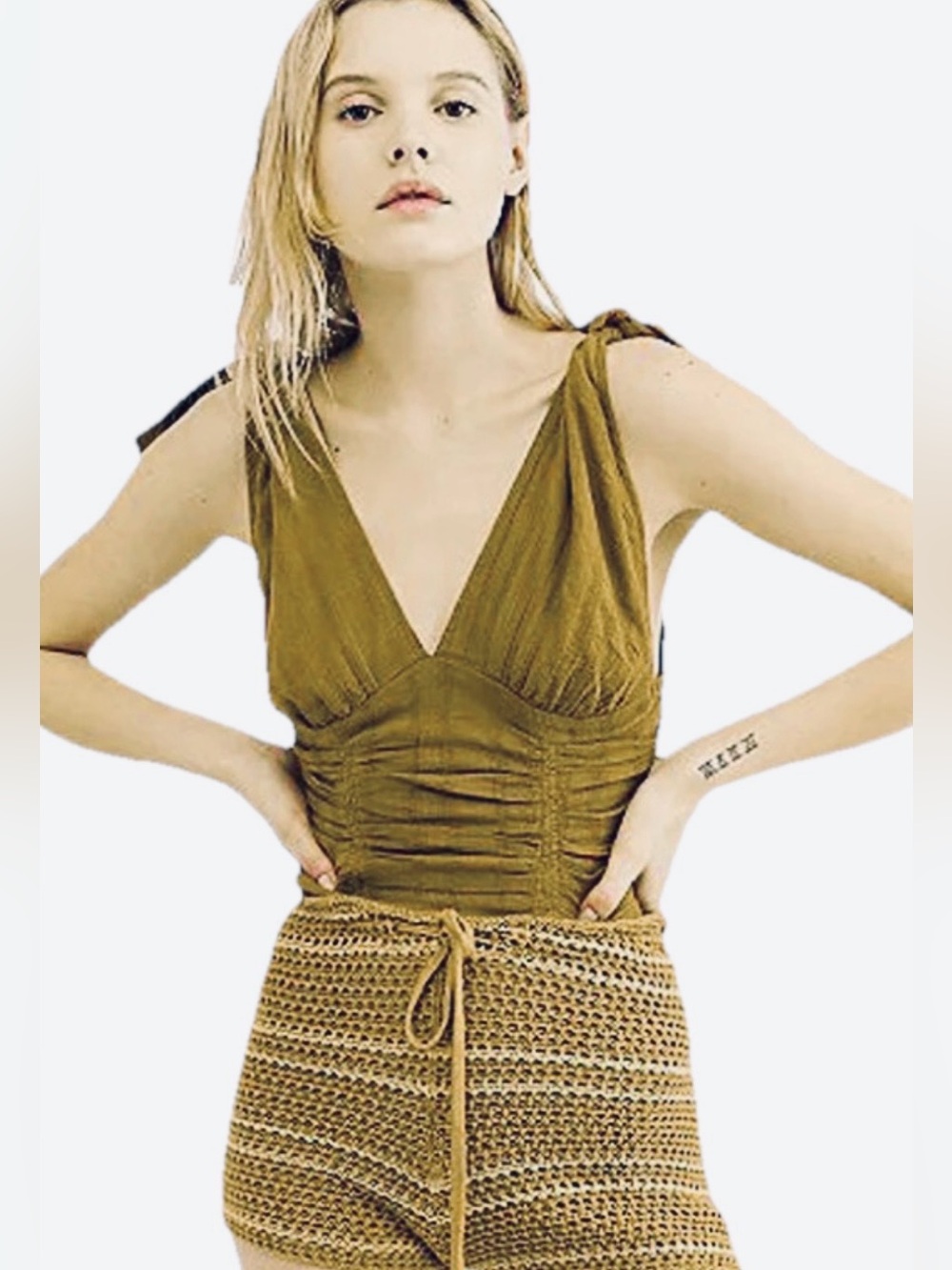 Free people olive green boho indie crop top Eva solid tank top